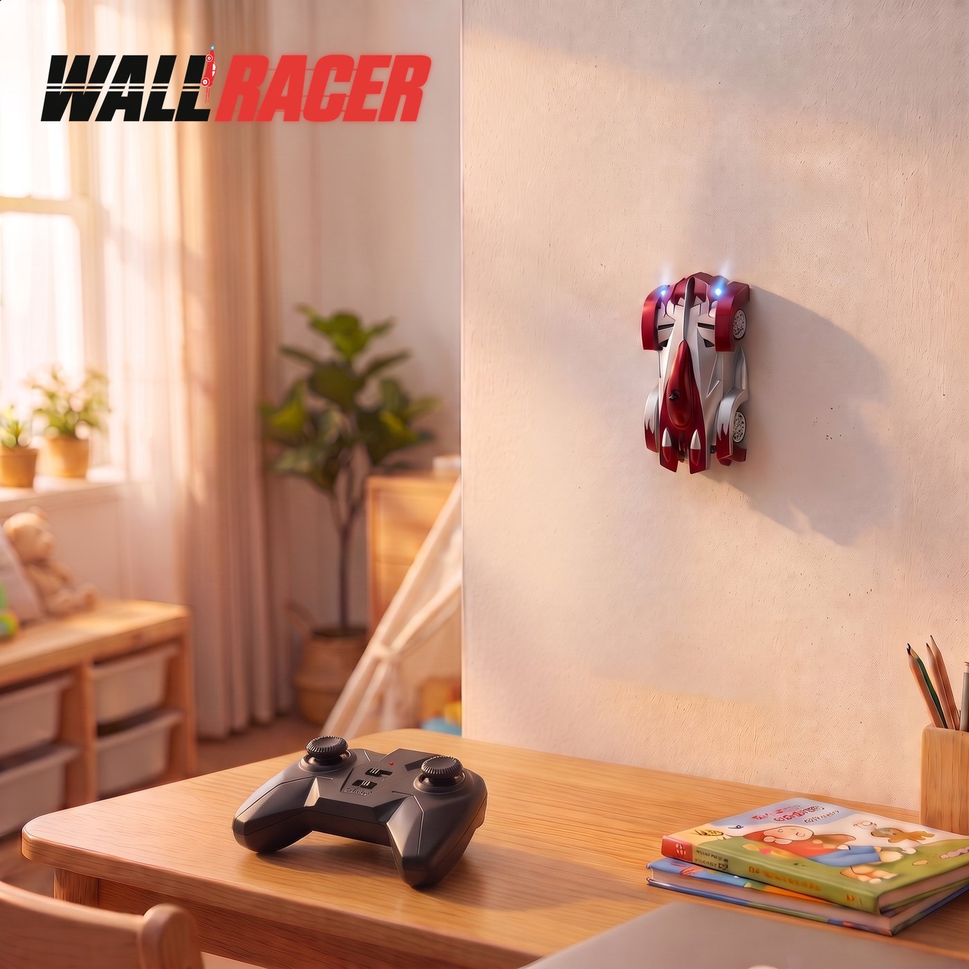 WallRacer parked on a bedroom wall with its remote on the desk